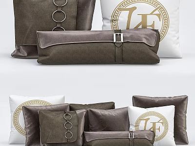 Luxury Decorative Pillows Brown Velvet With Metal Rings Buckle Straps And White With Gold Letter Pattern 3d model