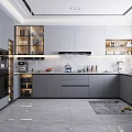 Modern Kitchen Interior Design With Gray Cabinets Marble Countertops Island And Appliances