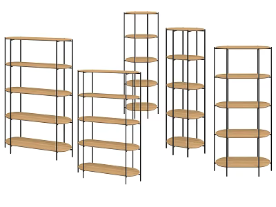 Various Shapes Multi Tiered Display Shelves With Wooden Layers And Black Metal Frames 3d model