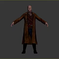 3D Character Model With Bald Head Brown Long Coat Red Belt And Black Boots