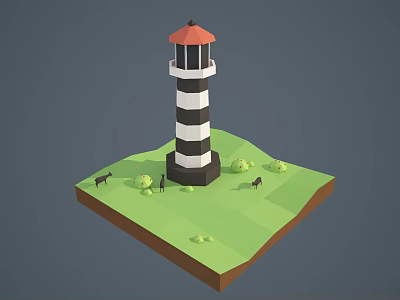 Black And White Striped Lighthouse With Red Roof On Green Grassland And Small Trees Animals 3d model
