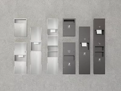 Modern Public Facility Lockers with Various Designs in Silver and Black Arranged on Gray Surface 3d model