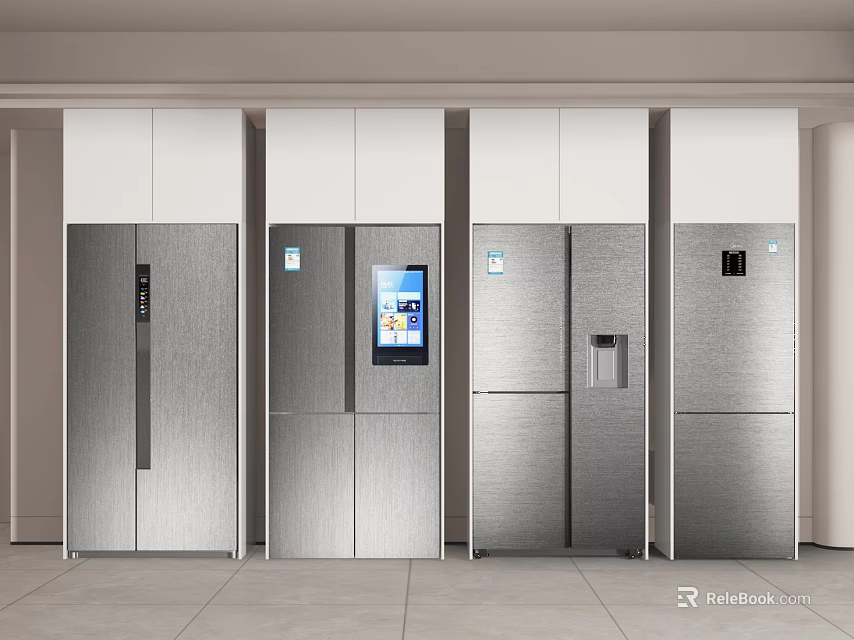 Modern Stainless Steel Refrigerators With Smart Display And Various Door Styles 3d model 