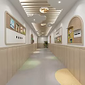 Child Friendly Elevator Hallway With Cloud Shaped Ceiling Display Boards And Colorful Circular Floor Patterns 3d model