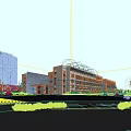 Modern Multi Story School Building Exterior With White Orange Walls Large Windows And Greenery