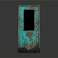 Vintage Green Rusted Door With Small Glass Window And Worn Surface Texture