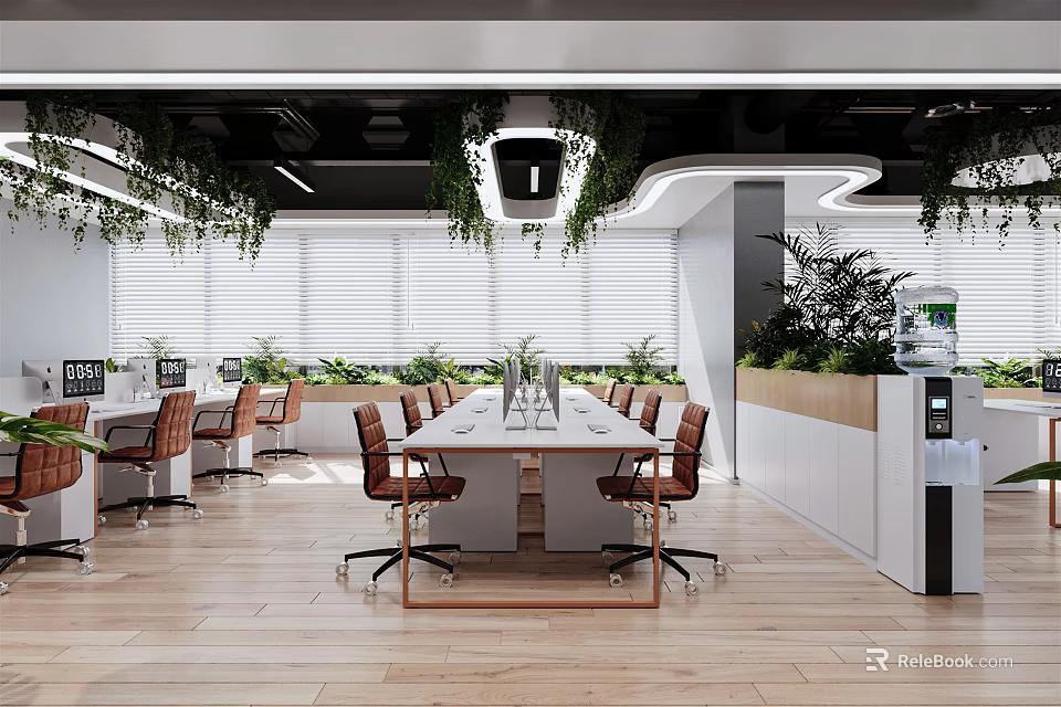 Modern Open Public Office Interior Design With Tables Chairs Plants Hanging Lights And Windows 3d model 