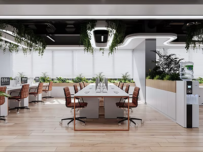 Modern Open Public Office Interior Design With Tables Chairs Plants Hanging Lights And Windows 3d model
