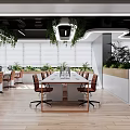Modern Open Public Office Interior Design With Tables Chairs Plants Hanging Lights And Windows
