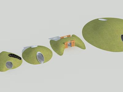 Grass Covered Dome Shaped Playground Equipment With Multiple Sizes And Wooden Entrance 3d model