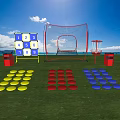 Outdoor Sports Equipment With Numbered Boards Net And Colored Circular Mats On Green Grass