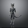 3D Anthropomorphic Gray Cat Character In Tight Suit With Tail Standing Pose