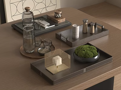 Decorative Ornament Set With Trays Glass Pitcher Moss Bowl And Cube Ornament On Wooden Table 3d model