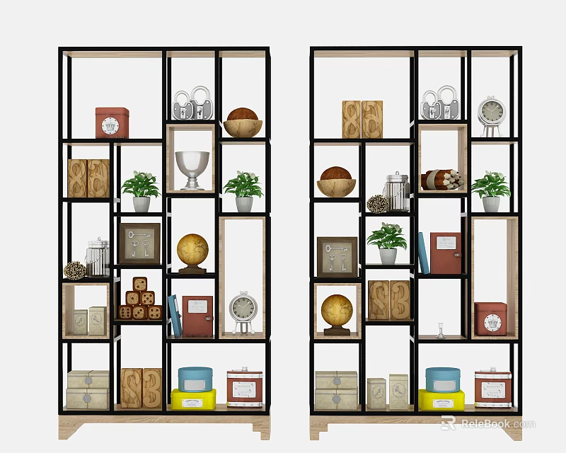 Modern Open Multi Tiered Shelving Unit with Storage Boxes Potted Plants Books and Decorative Items 3d model 