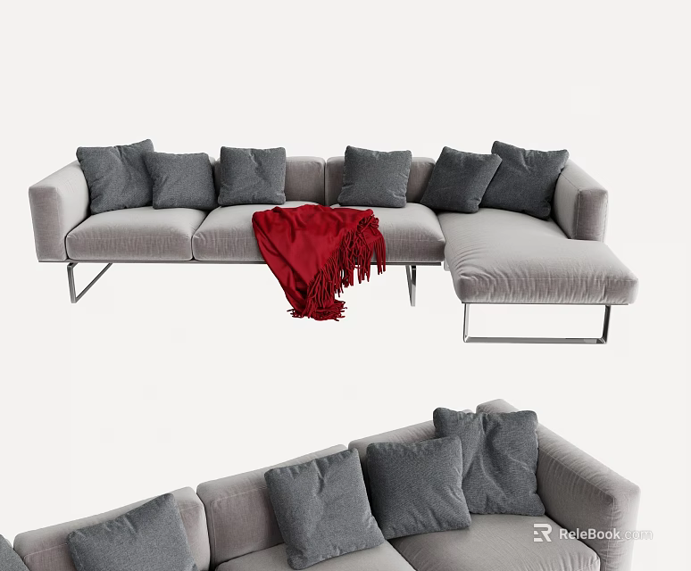 Gray Sectional Sofa with Multiple Gray Cushions Red Throw Blanket and Metal Legs 3d model
