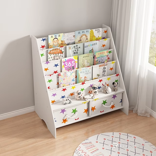 White Toy Cabinet with Colorful Star Patterns Open Shelves Children's Books and Drawers Small Figurines 3d model 