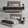Double Bed with Striped Headboard Beige Frame Gray Bedding Pillows Nightstands and Table Lamps