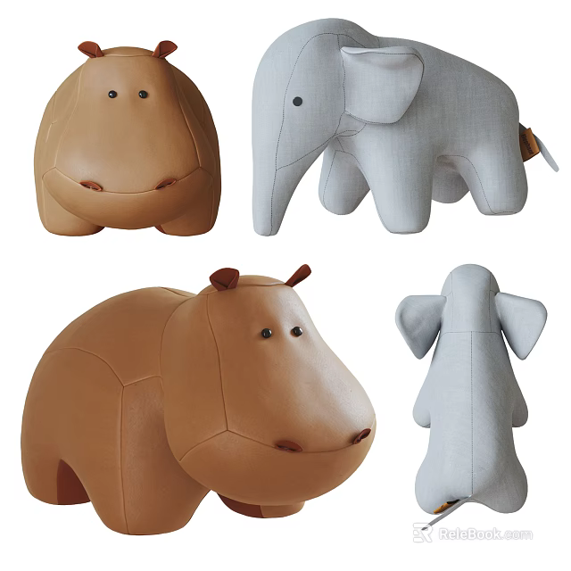 Cute Animal Shaped Stools for Kids with Hippo and Elephant Designs in Brown and Gray 3d model 