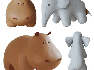 Cute Animal Shaped Stools for Kids with Hippo and Elephant Designs in Brown and Gray 3d model