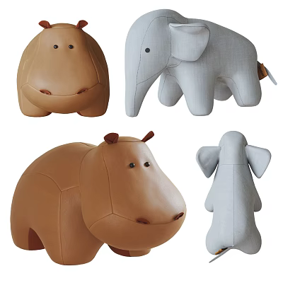 Cute Animal Shaped Stools for Kids with Hippo and Elephant Designs in Brown and Gray 3d model