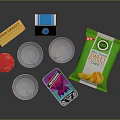Daily Living Essential Food Items Including Corn Flakes Milk Carton Canned Goods And Potato Chips