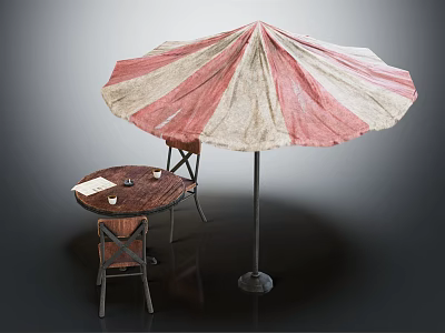 Outdoor Patio Furniture Set With Round Wooden Table Chairs And Red White Striped Umbrella 3d model