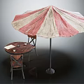 Outdoor Patio Furniture Set With Round Wooden Table Chairs And Red White Striped Umbrella