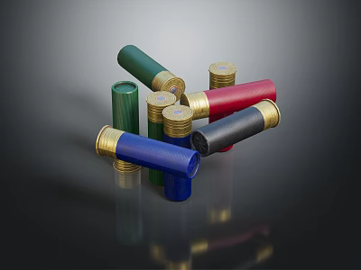 Weapon Display Featuring Colorful Shotgun Shells With Golden Bases On Black Reflective Surface 3d model