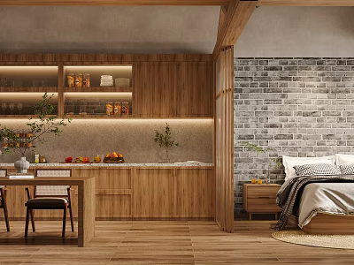 Cozy Apartment With Wooden Kitchen Dining Bedroom And Brick Wall 3d model