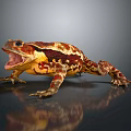 Vibrant Red And Yellow Patterned Toad With Open Mouth On Glossy Surface Showing Reflection
