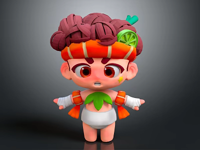 Adorable Cartoon Creature with Purple Bun Hair Orange Headpiece Green Leaves and Lemon Slice 3d model