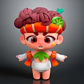 Adorable Cartoon Creature with Purple Bun Hair Orange Headpiece Green Leaves and Lemon Slice