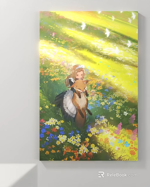 Girl With Fox In Sunlit Flower Field Surrounded By Colorful Blooms 3d model 