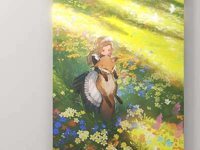 Girl With Fox In Sunlit Flower Field Surrounded By Colorful Blooms 3d model
