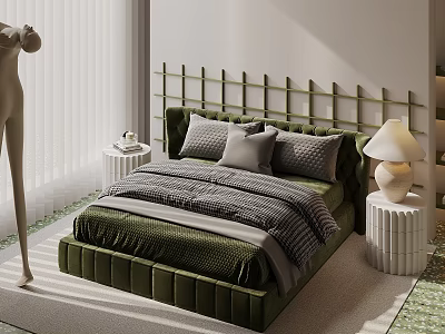 Green Velvet Double Bed With Bamboo Pattern Headboard Gray And White Pillows White Nightstands And Table Lamp In Modern Bedroom 3d model