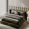 Green Velvet Double Bed With Bamboo Pattern Headboard Gray And White Pillows White Nightstands And Table Lamp In Modern Bedroom