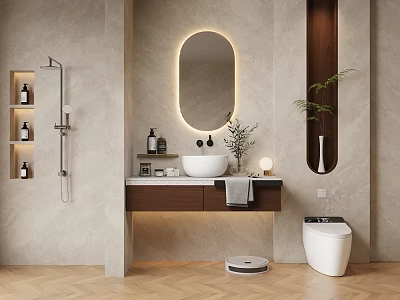 Elegant Modern Bathroom Vanity Cabinet with Oval Backlit Mirror and Countertop Sink 3d model