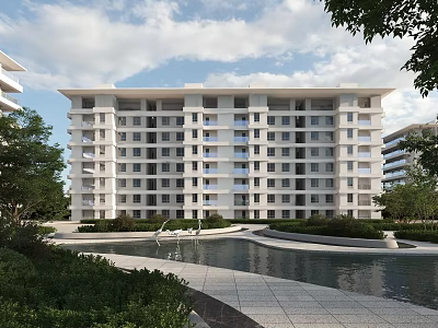 Modern Residential Building Exterior Design with Lush Landscaping Water Feature and Trees 3d model