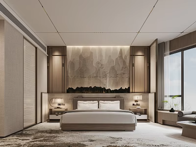 Modern Luxury Bedroom Interior With Bedside Tables And Decorative Headboard Wall 3d model
