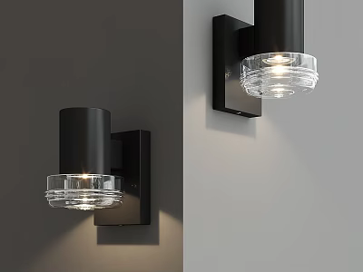 Modern Black Frame Wall Lamp With Transparent Glass Shade Illuminated On Gray Wall 3d model