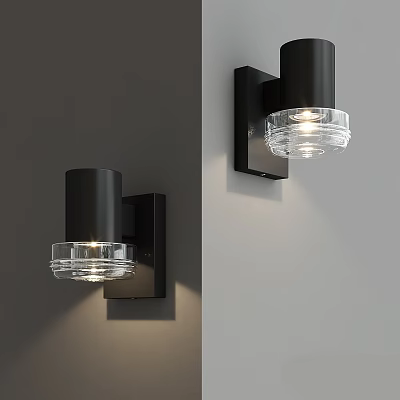 Modern Black Frame Wall Lamp With Transparent Glass Shade Illuminated On Gray Wall 3d model