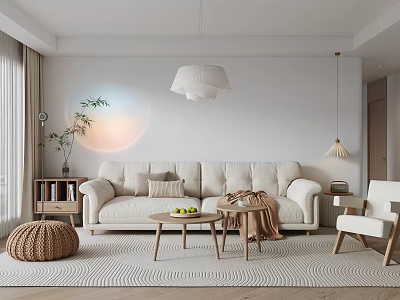 Cozy Minimalist Living Room Interior With Beige Sofa Pillows Wooden Coffee Tables Projected Sunset Light 3d model
