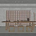 Traditional Modern Tea Room Interior Design With Wooden Lattice Screen Long Table And Tea Utensils
