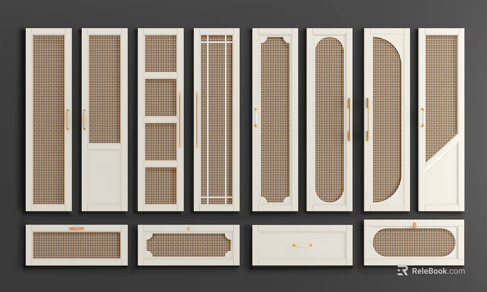 Various Interior Door Designs With Decorative Panels Grid Patterns And Gold Accents 3d model 