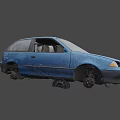 Abandoned Old Blue Car With Damaged Body Rusted Parts And Tires