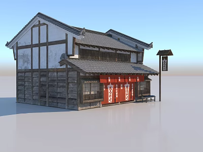 Traditional Two Story Building With Gray Tiled Roof Wooden Frame White Walls And Red Doors 3d model