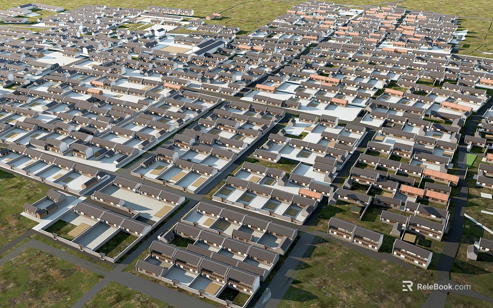 Aerial View Of Dense Residential Area With Neatly Arranged Houses And Green Grasslands 3d model 
