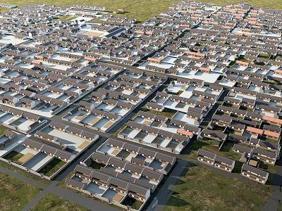 Aerial View Of Dense Residential Area With Neatly Arranged Houses And Green Grasslands 3d model