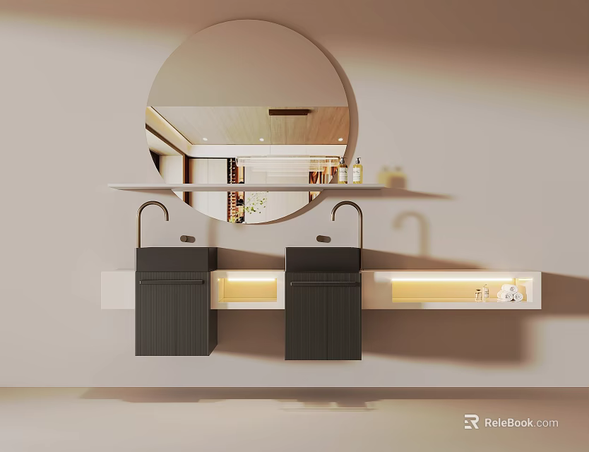 Modern Bathroom Vanity With Double Black Sinks Round Mirror And Lighting Strip 3d model 