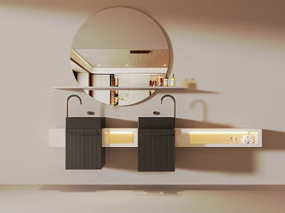 Modern Bathroom Vanity With Double Black Sinks Round Mirror And Lighting Strip 3d model